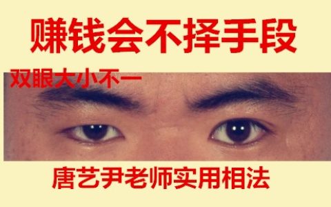 赚钱不择手段面相特点：眼睛大小不一，眼睛不能正视，鼻子不正或鼻梁起节，颧骨突出，但向两边隆起，左右耳朵形状不同